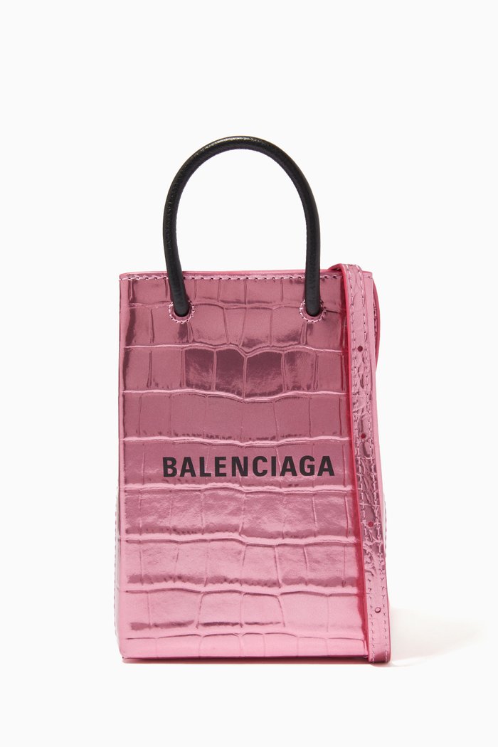 

Shopping Phone Holder Bag in Metallic Croc-embossed Calfskin, Pink