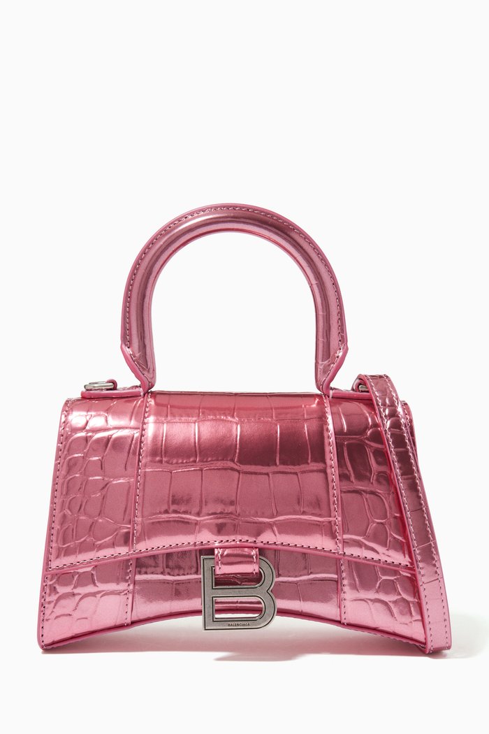 

Hourglass XS Top Handle Bag in Metallic Crocodile Embossed Calfskin, Pink