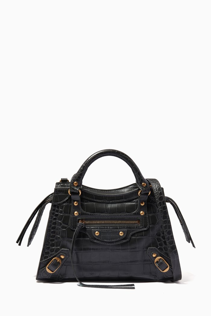 

Neo Classic Small Top Handle Bag in Croc-embossed Calfskin, Grey