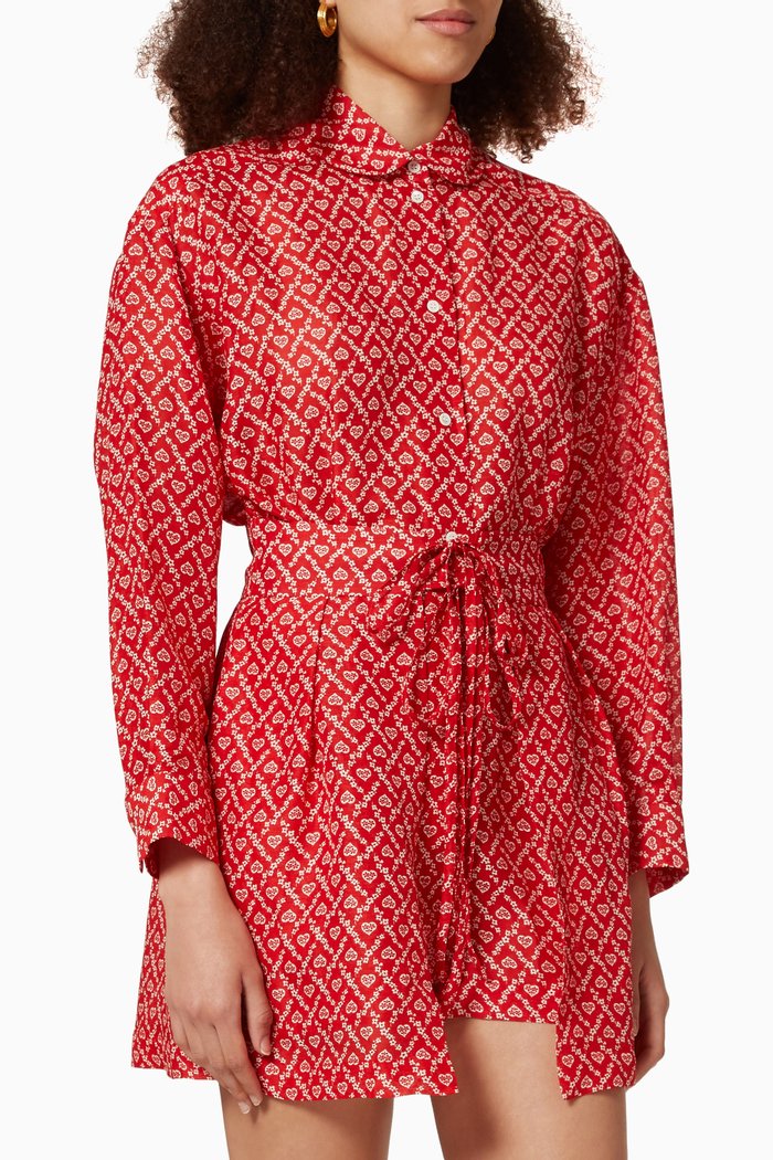 

Heart Print Belted Playsuit in Linen, Red