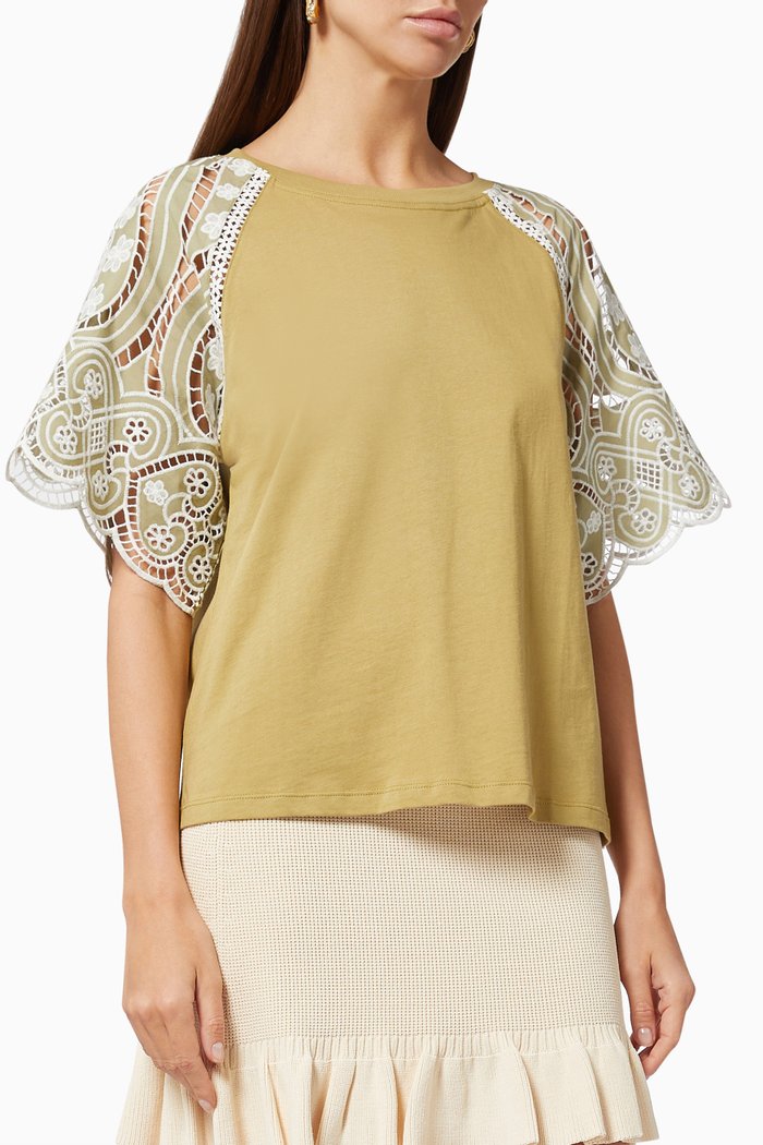 

Lace-sleeve T-shirt in Jersey, Green
