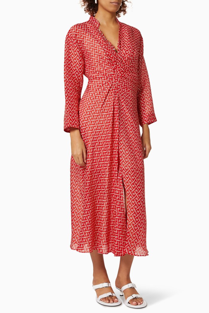 

Elian Draped Midi Dress in Linen Silk Blend, Red