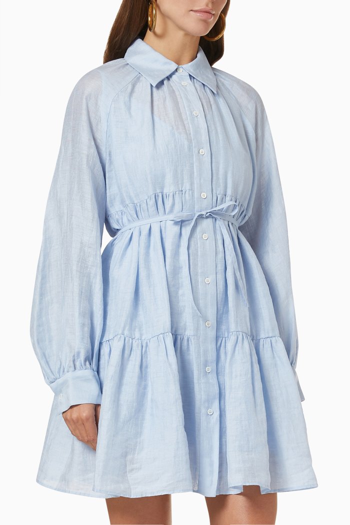 

Tiphaine Tiered Shirt Dress in Linen Blend, Blue