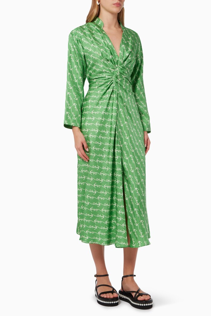 Long Printed Dress in Silk, Green