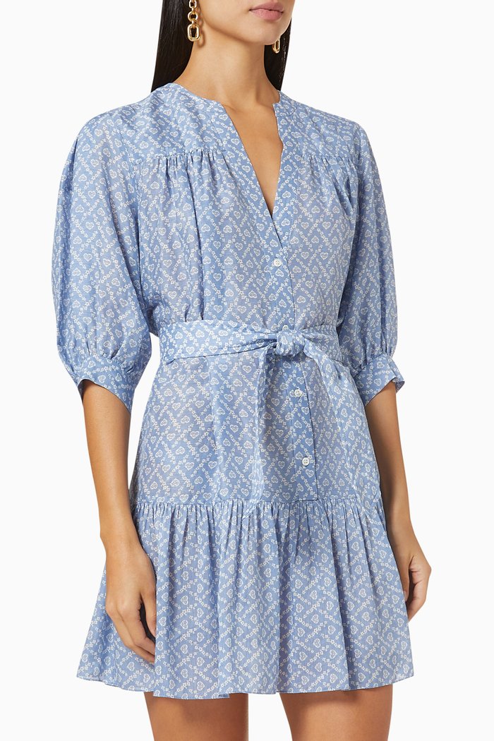 

Heart-Print Mini Dress in Linen and Silk Blend, Blue