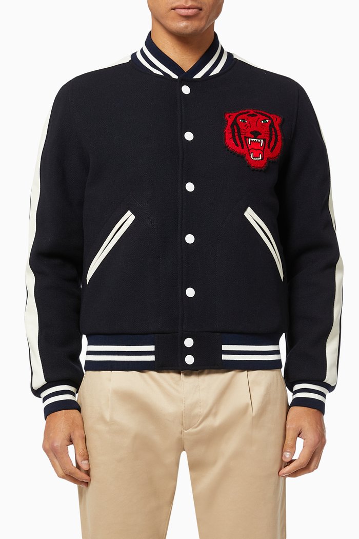 

Tiger Patch Varsity Jacket in Wool Blend, Blue