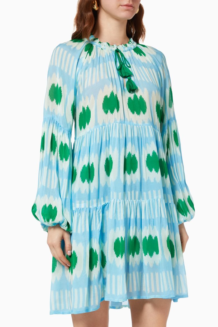 

Floral Short Dress in Cotton & Silk, Blue