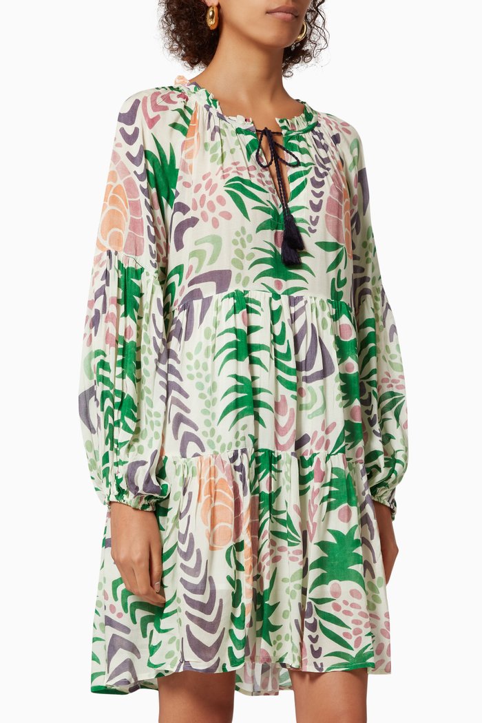 

Floral Short Dress in Cotton & Silk, Multicolour