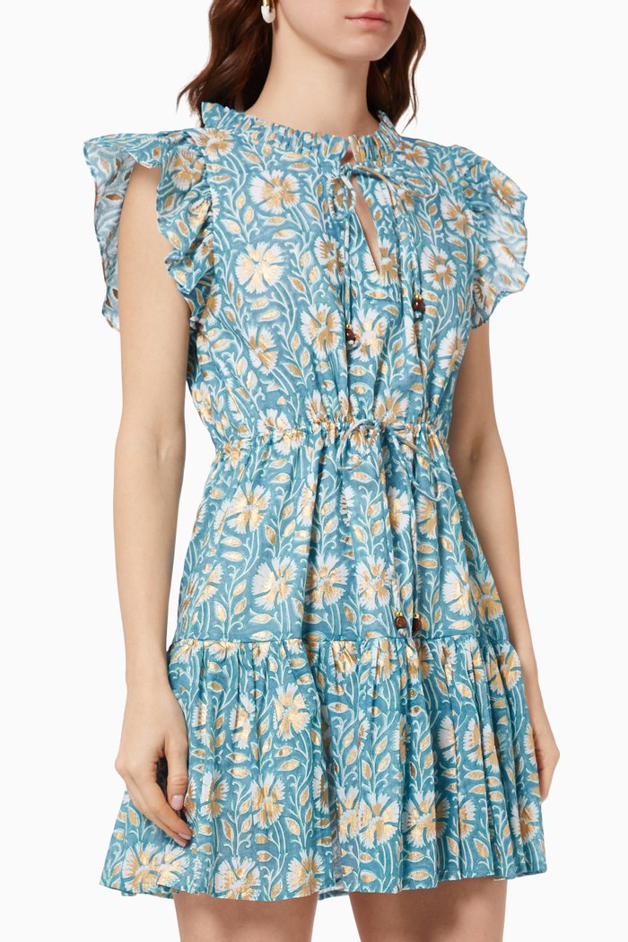 

Flirty Block-printed Dress in Cotton Voile, Blue