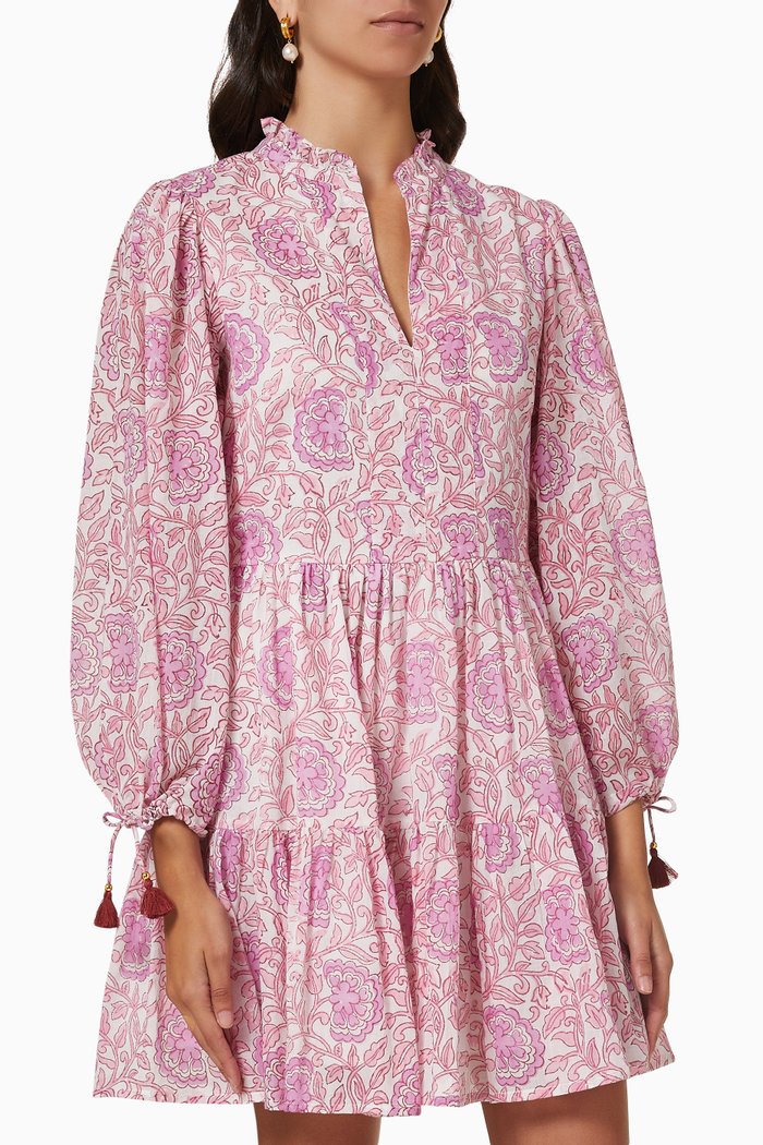 

Block-printed Short Dress in Cotton Voile, Pink