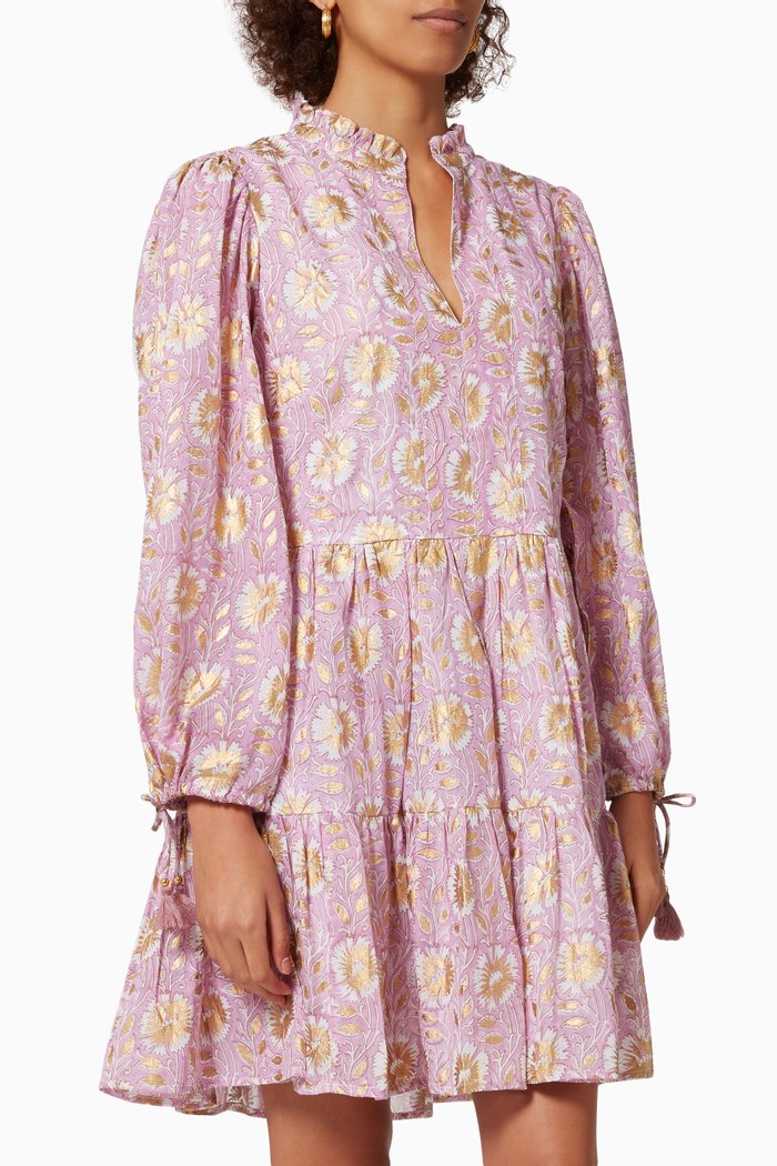 

Block-printed Short Dress in Cotton Voile, Pink