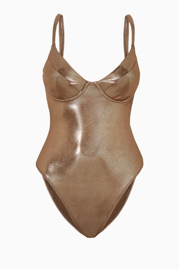

Metallic Showoff Swimsuit in Foil Nylon, Brown