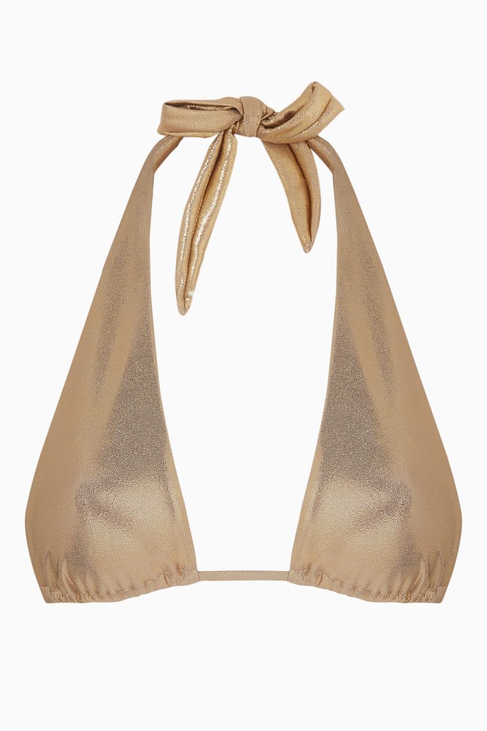 

Metallic Ruched Halter Bikini Top in Foil Nylon, Gold