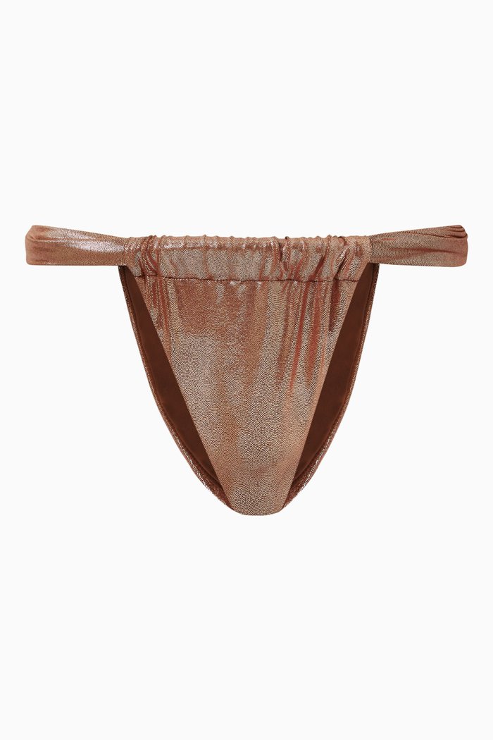 

Metallic Ruched Bikini Bottoms in Foil Nylon, Brown