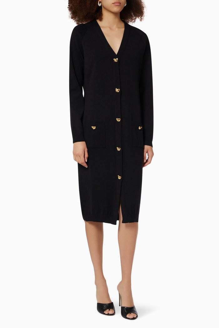 

Teddy Buttons Long Cardigan in Wool Knit, Black