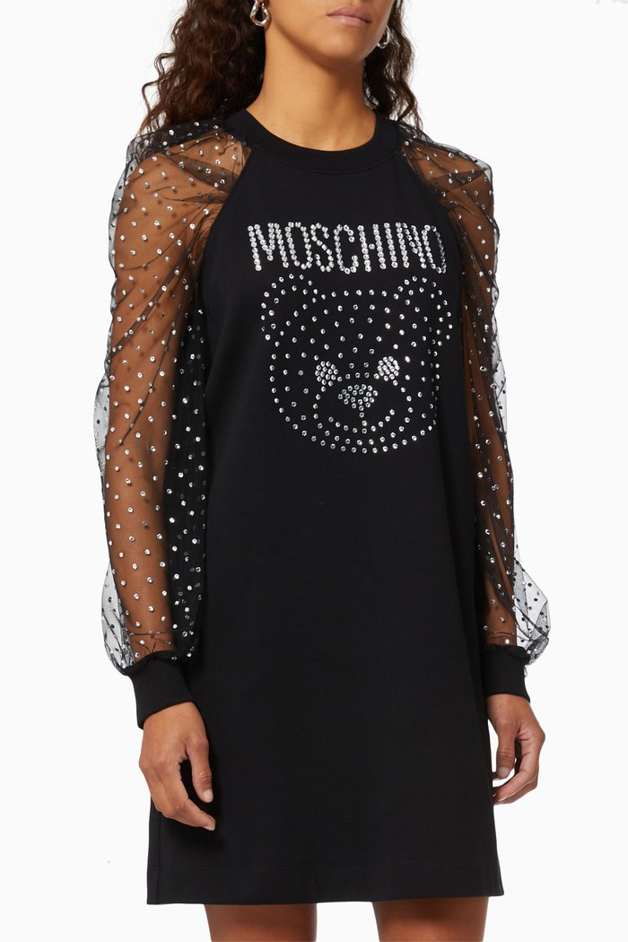 

Teddy Bear Embellished Dress in Cotton & Mesh, Black