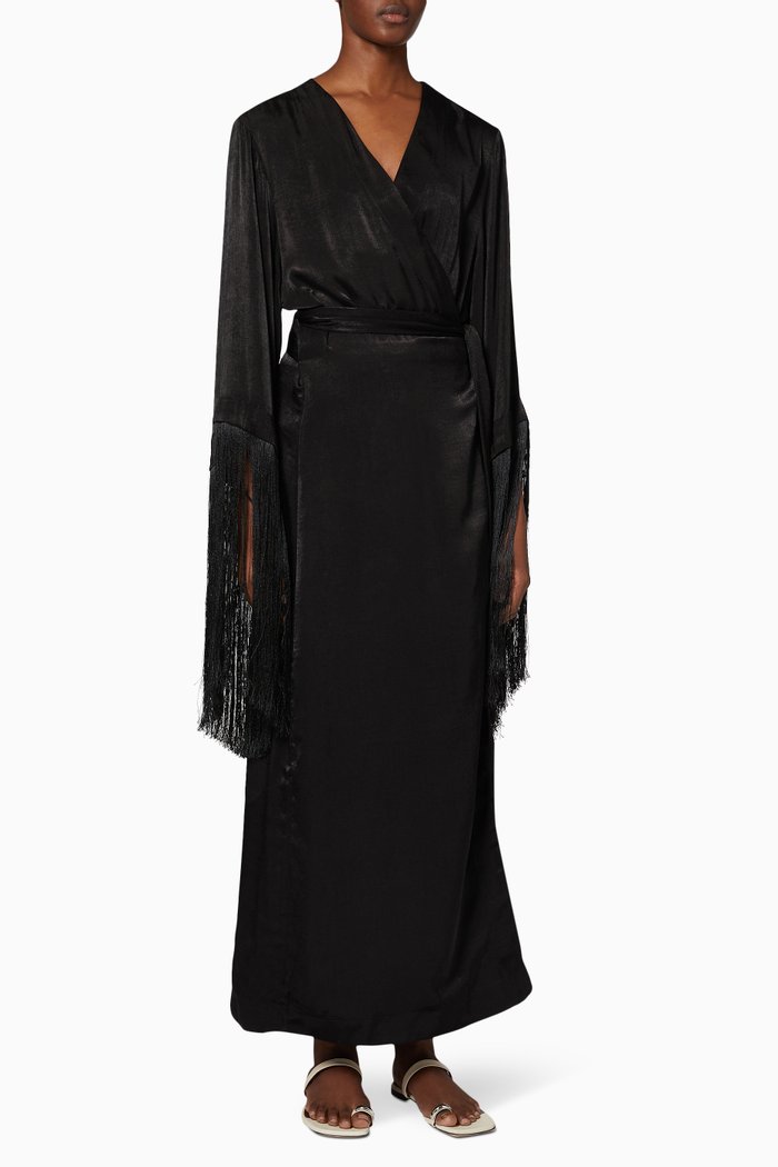 

Dusk Fringe Trim Robe in Satin, Black