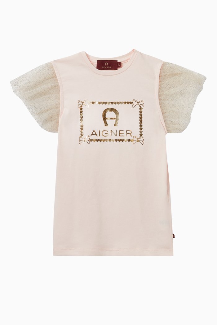

Logo Tulle Sleeve T-shirt in Jersey, Pink