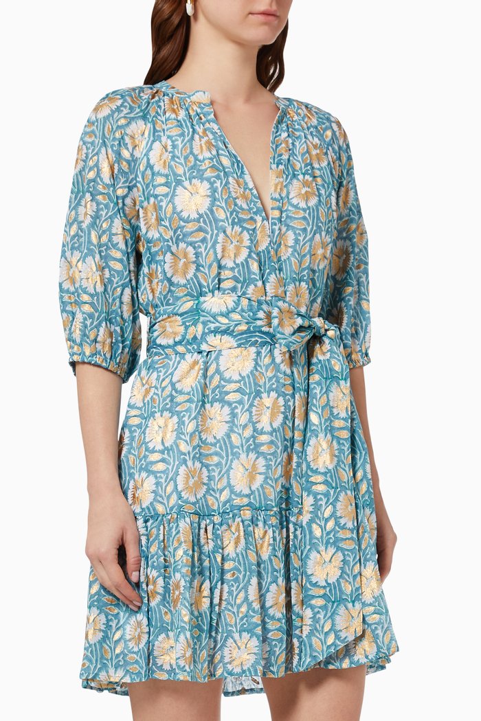 

Puff Sleeve Belted Dress in Cotton, Blue