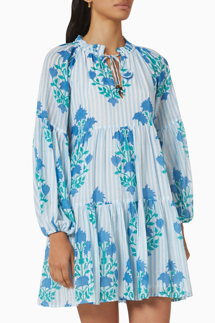 

Balloon Sleeve Short Dress in Cotton, Blue