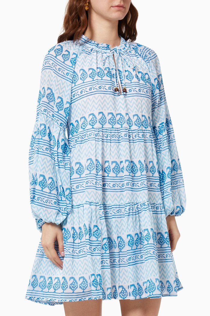 

Balloon Sleeve Short Dress in Cotton, Blue