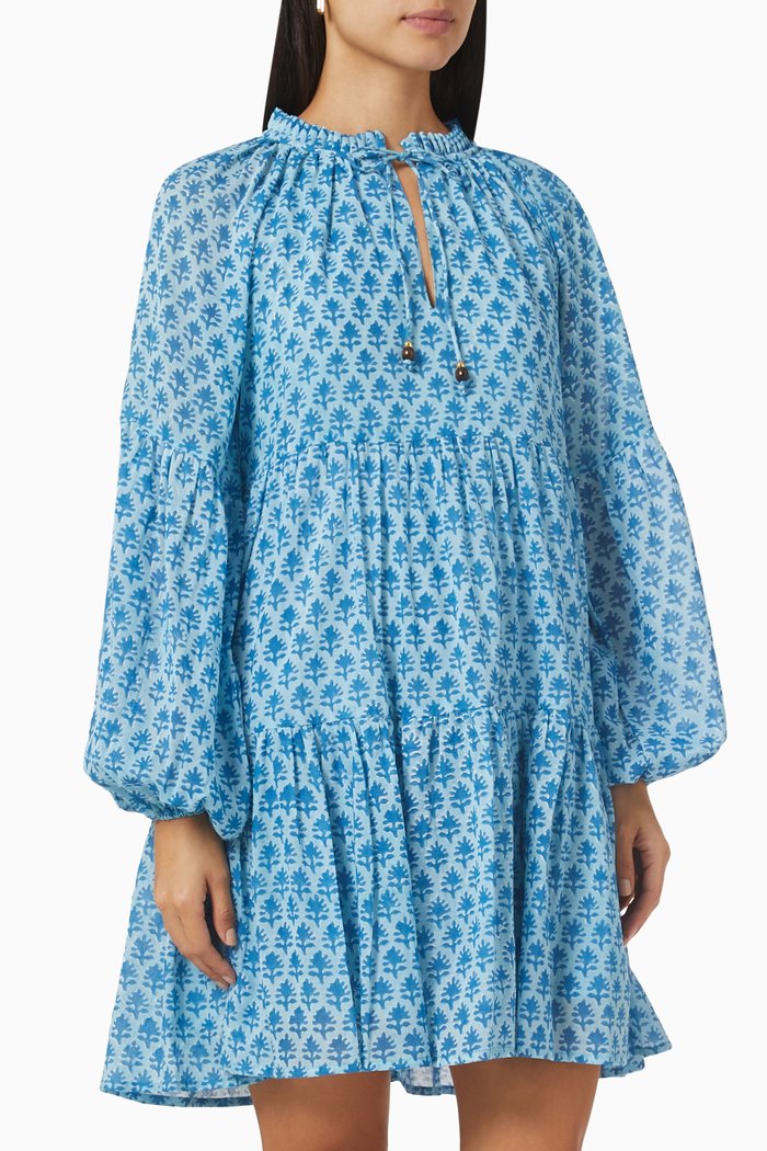 

Balloon Sleeve Short Dress in Cotton, Blue