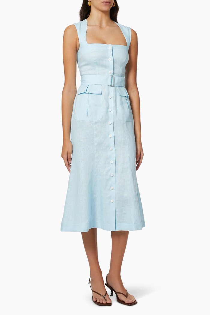 

Apron Cargo Midi Dress in Linen, Blue