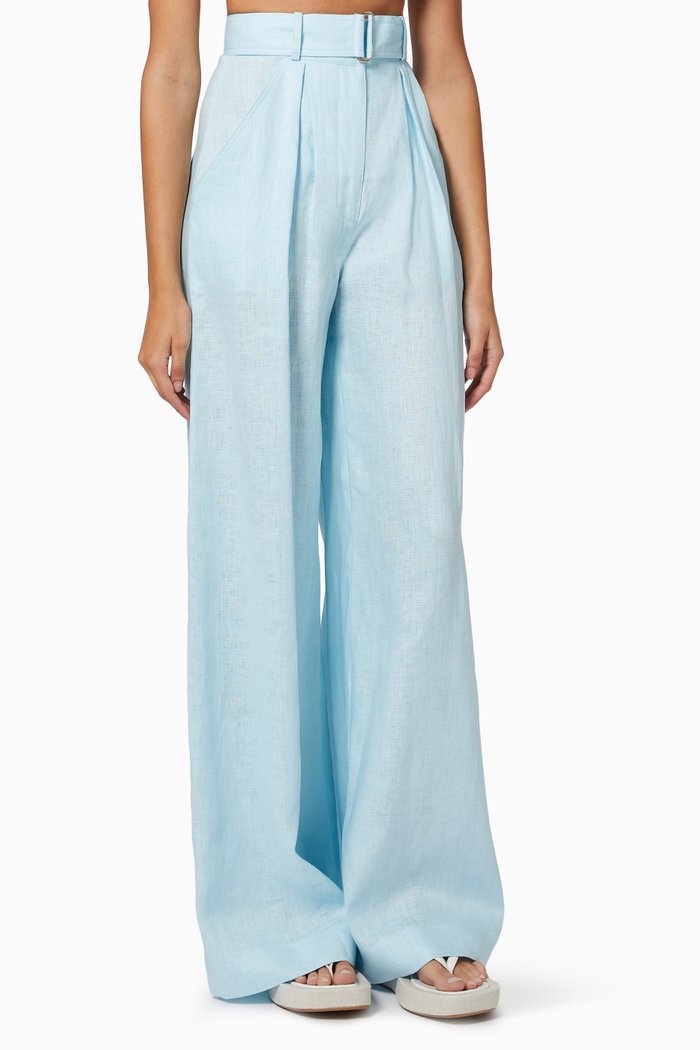 

Wide Leg Pleated Pants in Linen, Blue