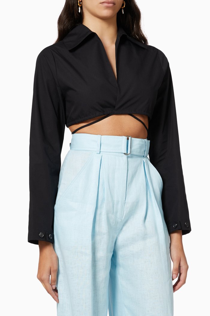 

Long Sleeve Spread Collar Crop Top in Cotton, Black