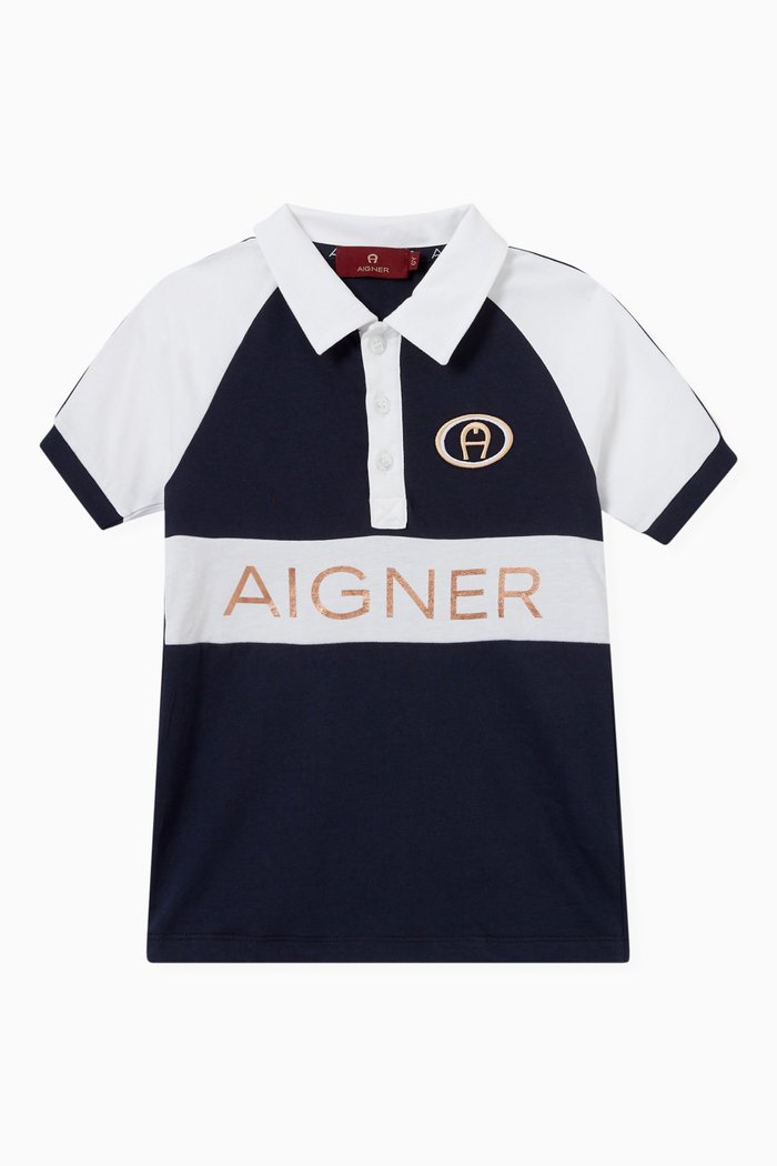 

Logo Colour-Block Polo Shirt in Cotton, Blue
