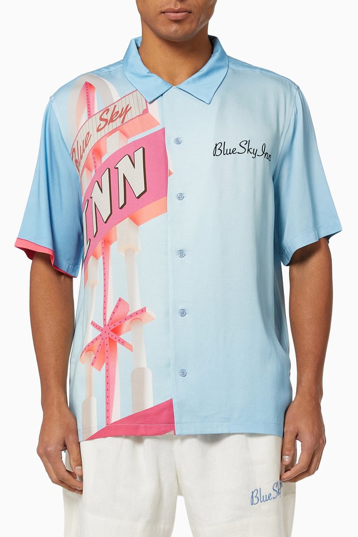 Sign Print Shirt in Viscose, Blue