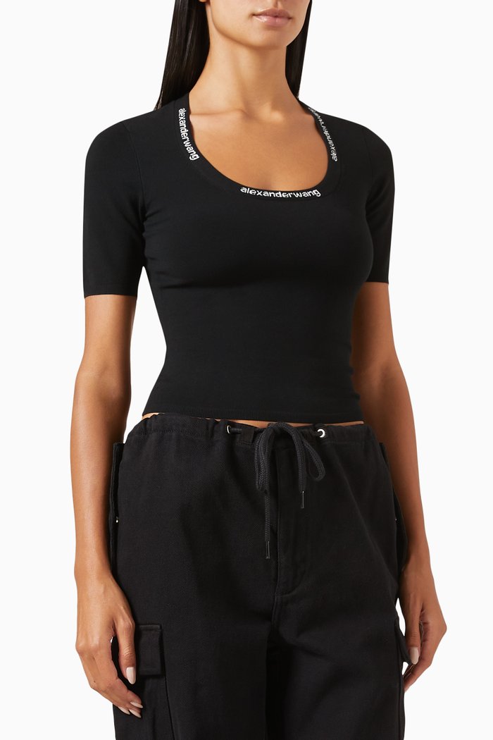 

Logo Jacquard Top in Bodycon Knit, Black