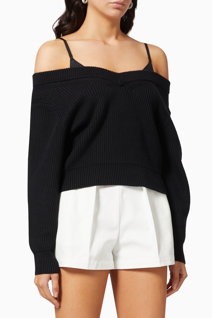 

Pullover with Satin Cami Layer in Cotton Rib Knit, Black