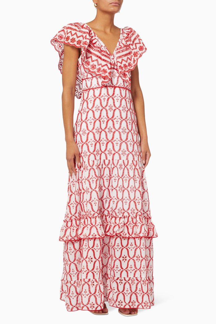 

Perla Embroidered Dress in Cotton, Red