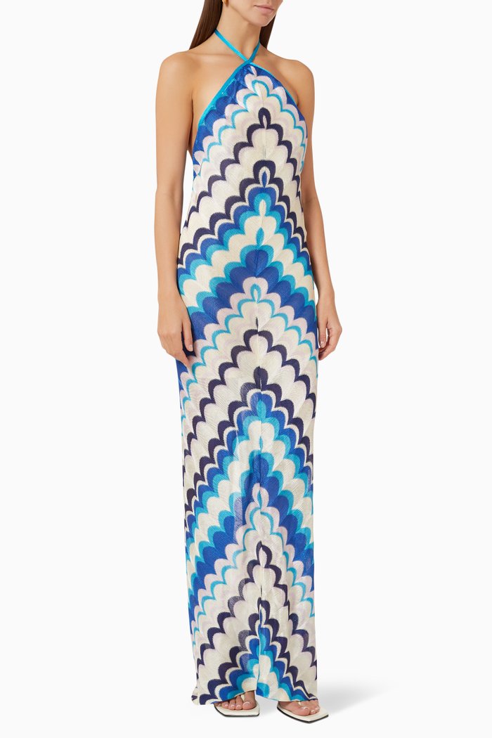 

Lucchini Halter Dress in Silk Chevron Knit, Blue