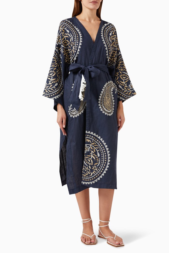 

Contrast Embroidered Kimono in Linen, White