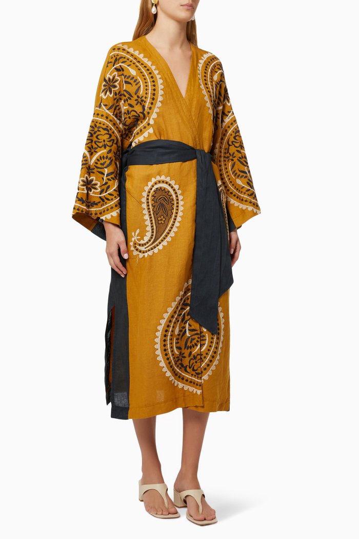 

Contrast Embroidered Kimono in Linen, Yellow