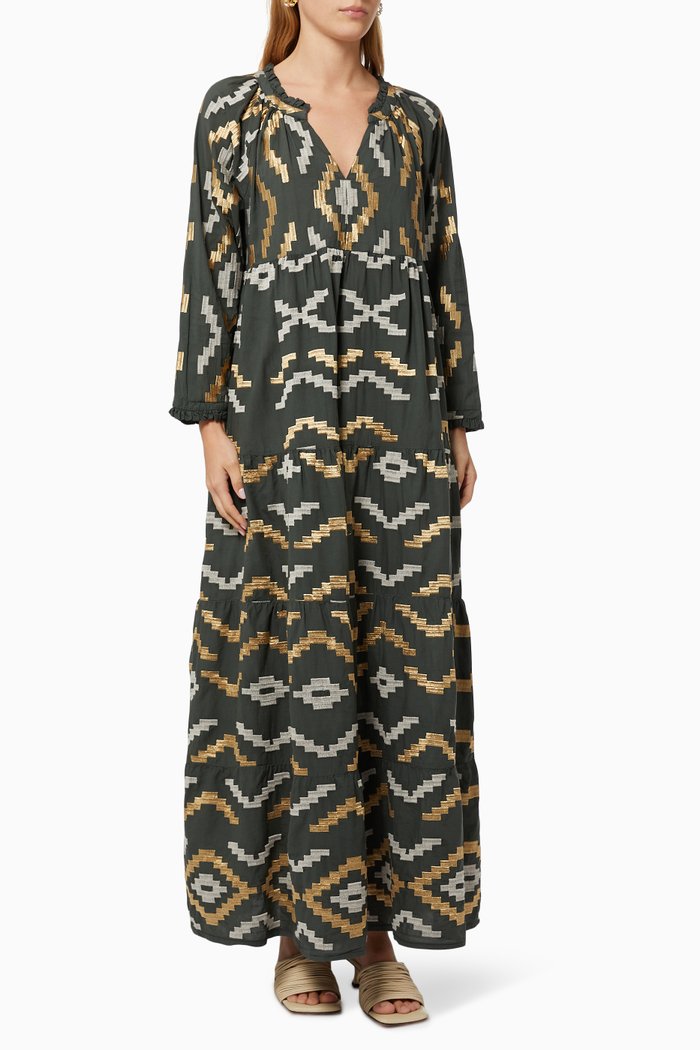 

Contrast Embroidered Dress in Cotton, Brown