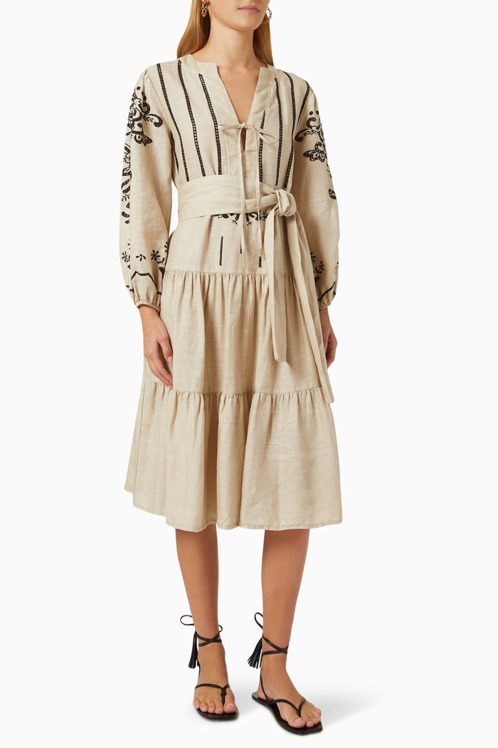 

Embroidered Midi Dress in Linen, Neutral