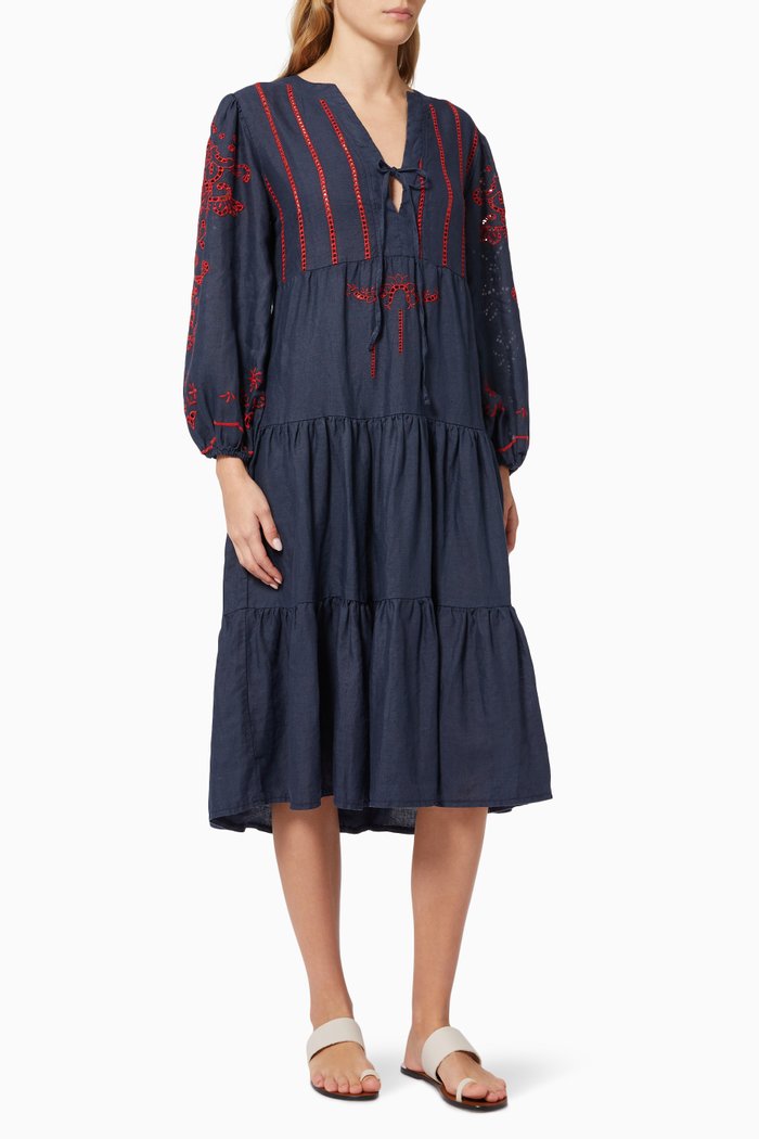 Embroidered Midi Dress in Linen, Blue