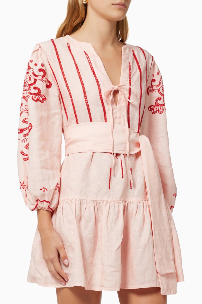 

Contrast Embroidered Dress in Linen, Pink