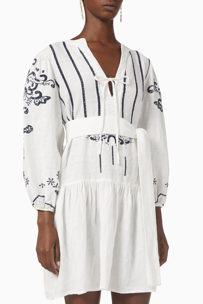 

Embroidered Mini Dress in Linen, White