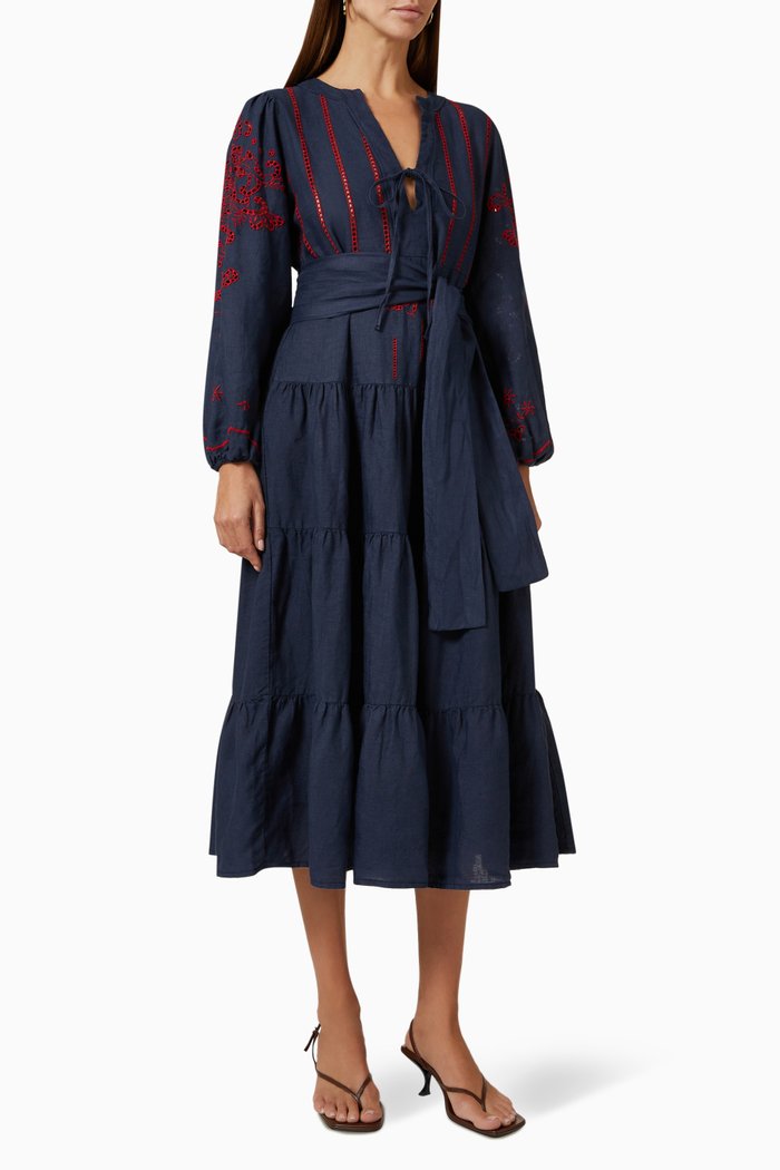 

Contrast Embroidered Tiered Dress in Linen, Blue