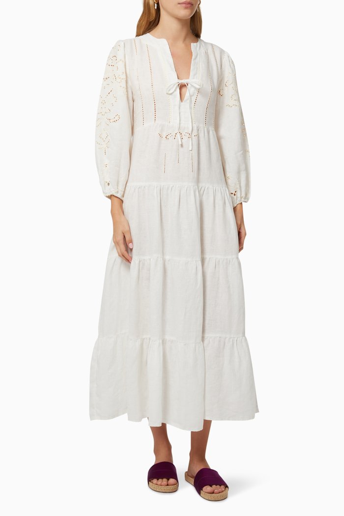

Contrast Embroidered Tiered Dress in Linen, White