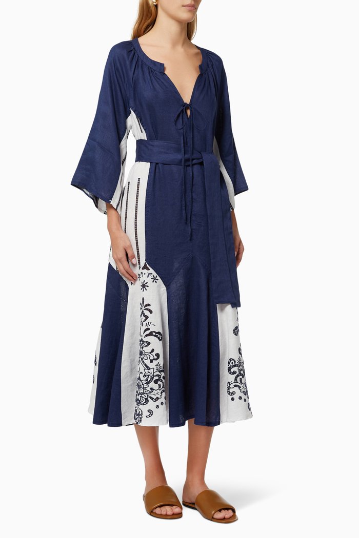 

Contrast Embroidered Dress in Linen, Blue