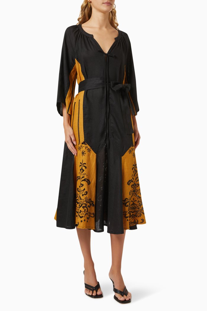 

Embroidered Midi Dress in Linen, Yellow