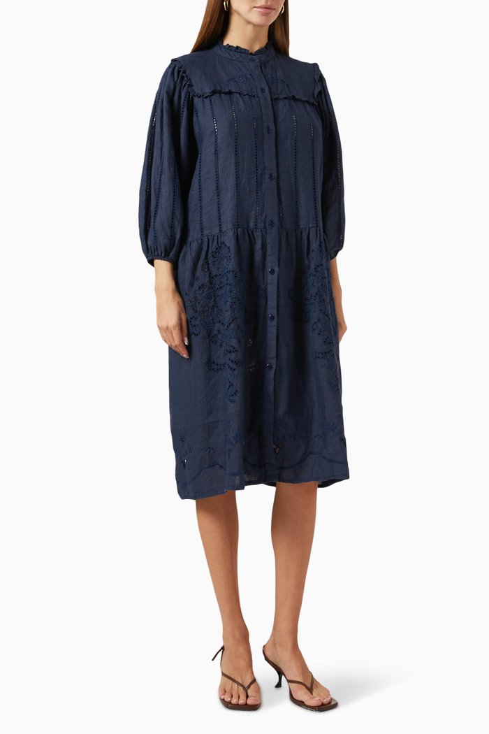 

Midi Shirt Dress in Linen, Blue