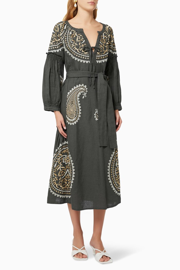 

Contrast Embroidered Dress in Linen, Brown