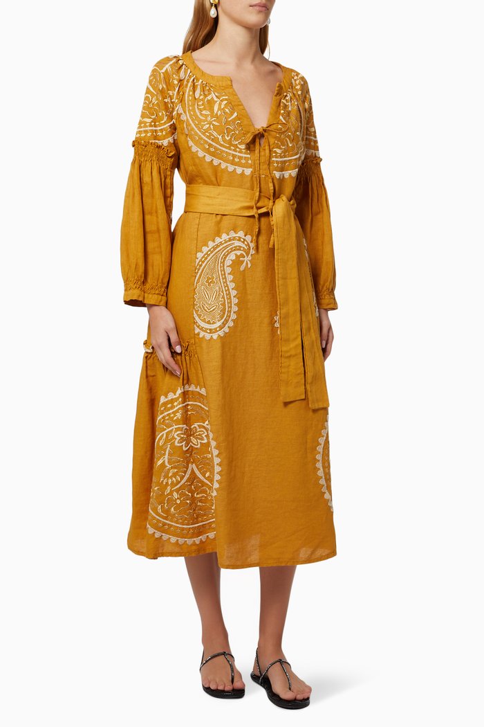 

Contrast Embroidered Dress in Linen, Yellow
