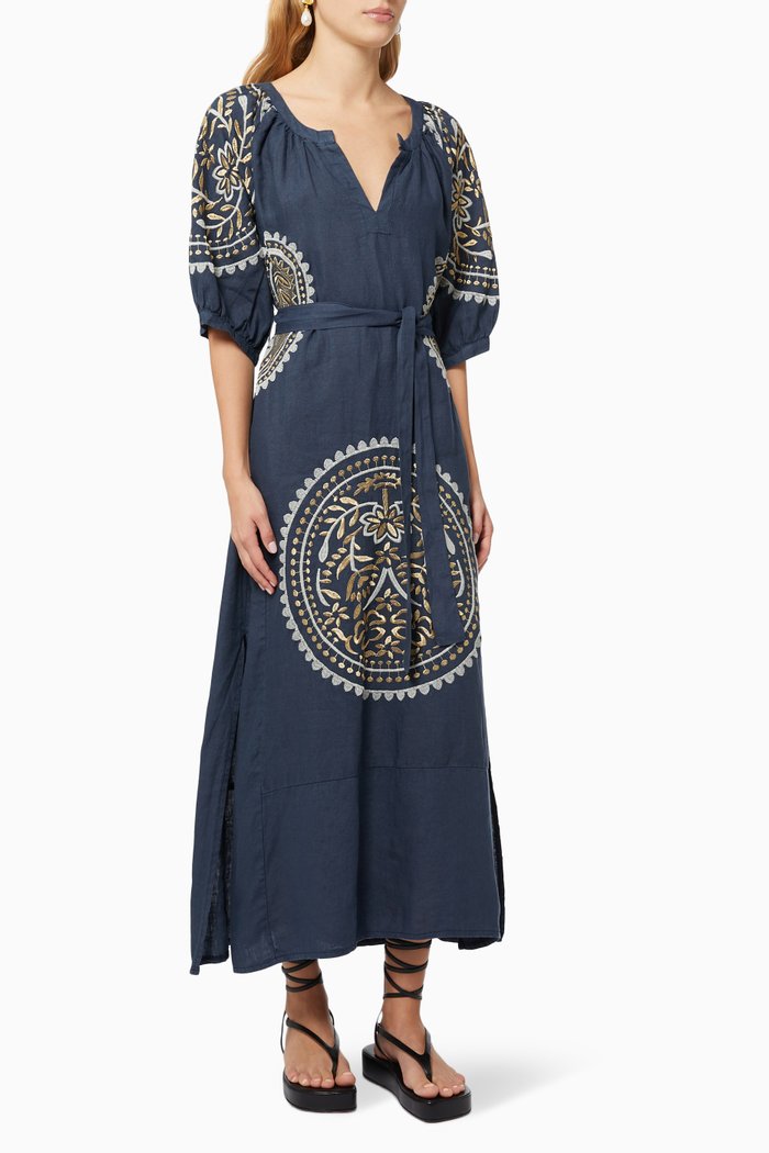 

Contrast Embroidered Dress in Linen, Blue
